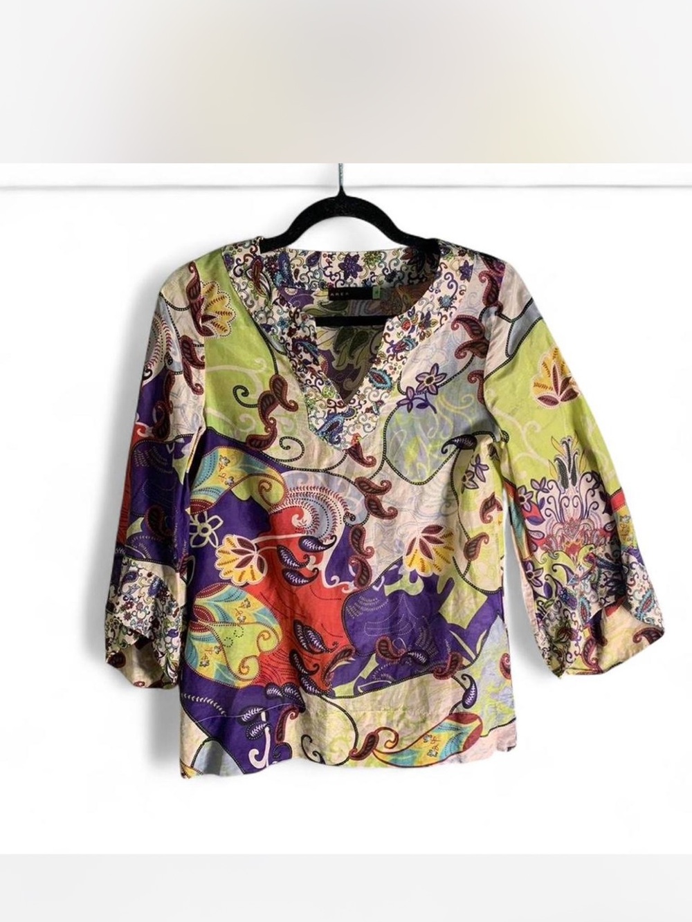 Artsy Women’s Multicolor Paisley V-Neck 3/4 Sleeve Top size XS